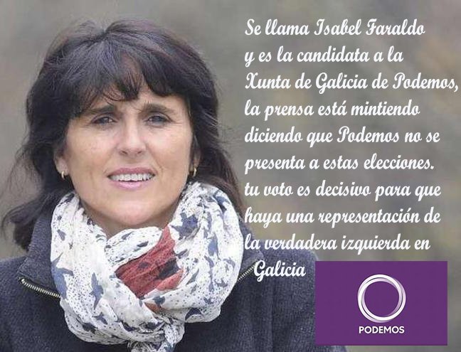 Tomachesky1's tweet photo. LA CANDIDATA DE @PODEMOS GALICIA SE LLAMA @isabelfaraldo ¡¡DUFUNDAMOS!! PARA QUE SE ENTEREN LOS MEDIOS DE DESINFORMACION✊✊💜💜 https://t.co/2n4njj7f1w