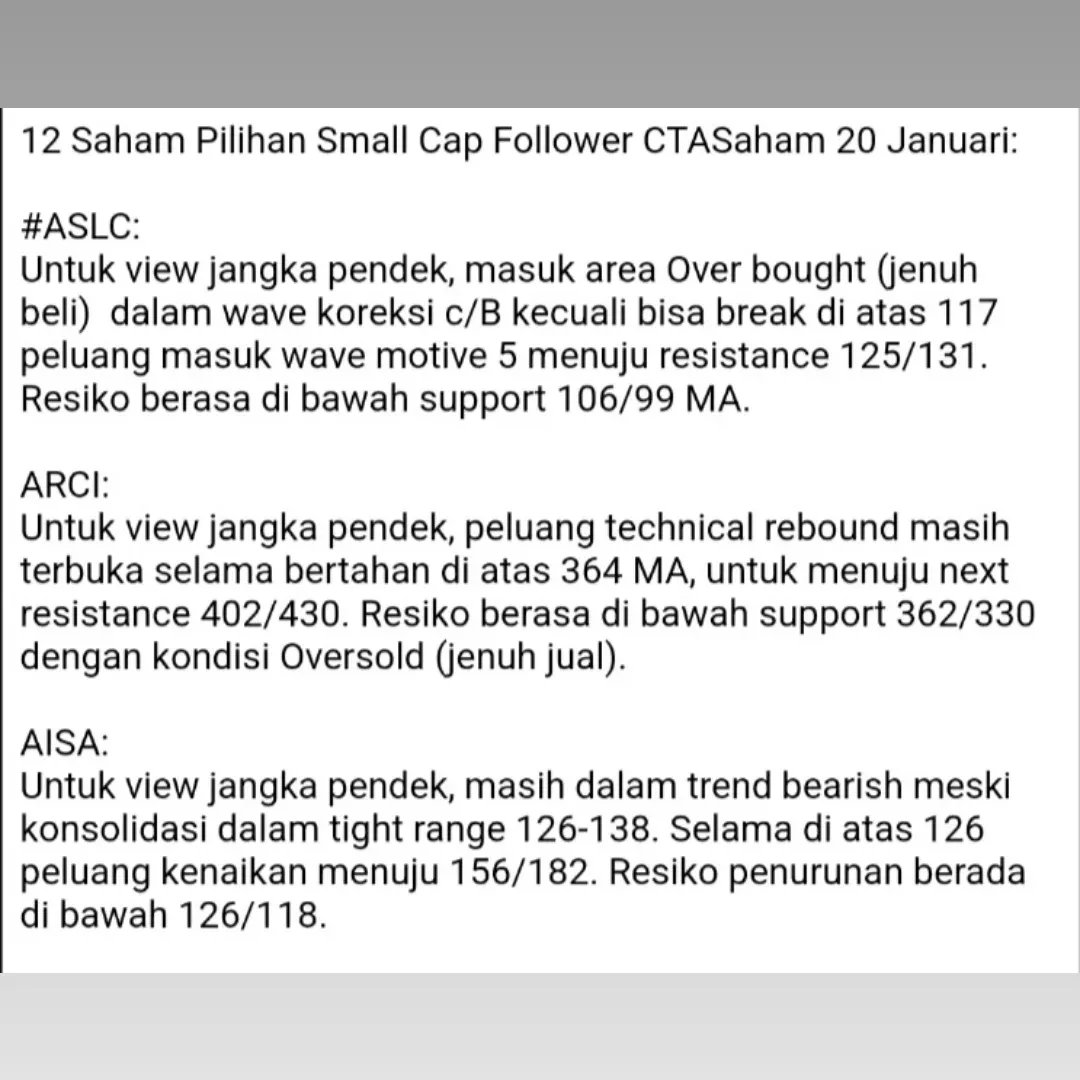 andri_zakarias's tweet photo. 12 saham pilihan Request follower CTASaham 20 Jan.
#ASLC
#AISA
#ARCI
#BRPT
#BRMS
#ESSA
#ISSP
#JPFA
#MPPA
#PANI
#PMMP
#SMBR
#ctasaham
#saham
#fyp
#toprequestsaham
#elliottwavectasaham
#workshopctasaham
#sahambagger
#multibagger
#yuktradingsaham
#tradingsaham
#belajarsaham https://t.co/BUKlhVb3hH