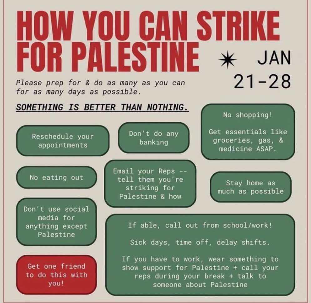 global strike for palestine this week. do what you can, as much as you can, from this infographic. continue follwing the BDS list for boycots beyond this. YOU are responsible to help 🇵🇸
#GlobalStrikeForGaza #FreePalestine