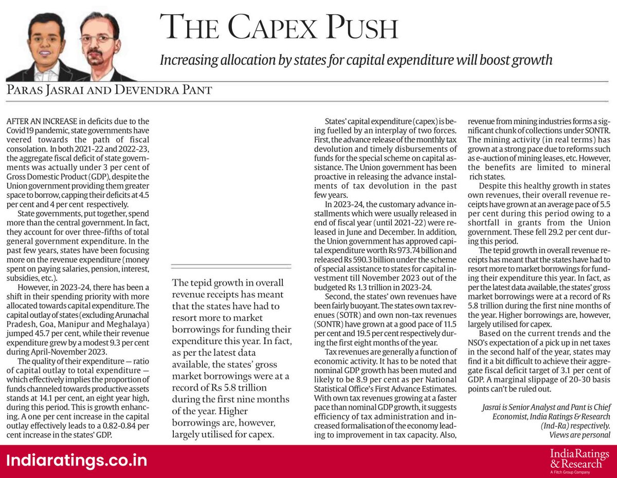 #IndiaRatingsFeatured on @IndianExpress

'The Capex Push'

#IndiaRatings #SOTR #GDP #NSO #CapitalExpenditure