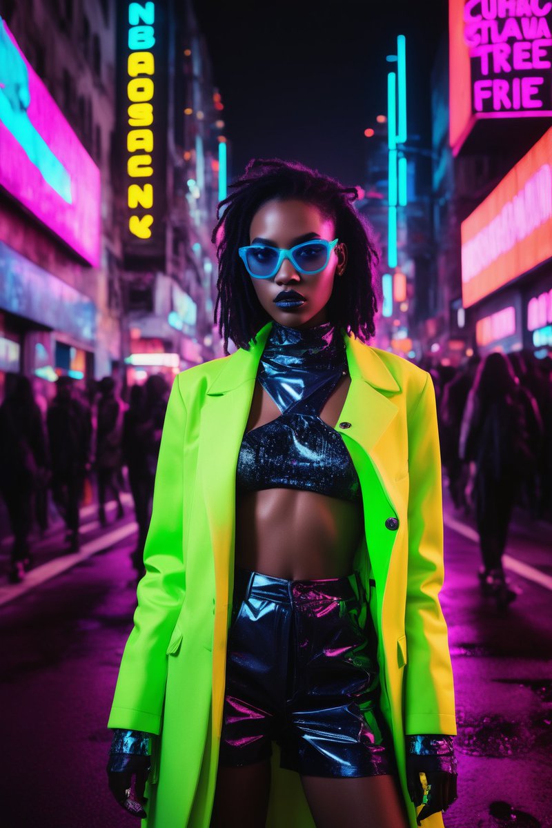 🌆👗 Dive into the city's crazy colors! Super cool outfits, neon lights, and skin textures like whoa! 🤩📸 Embrace the city vibe! #FashionFun #CityChaos