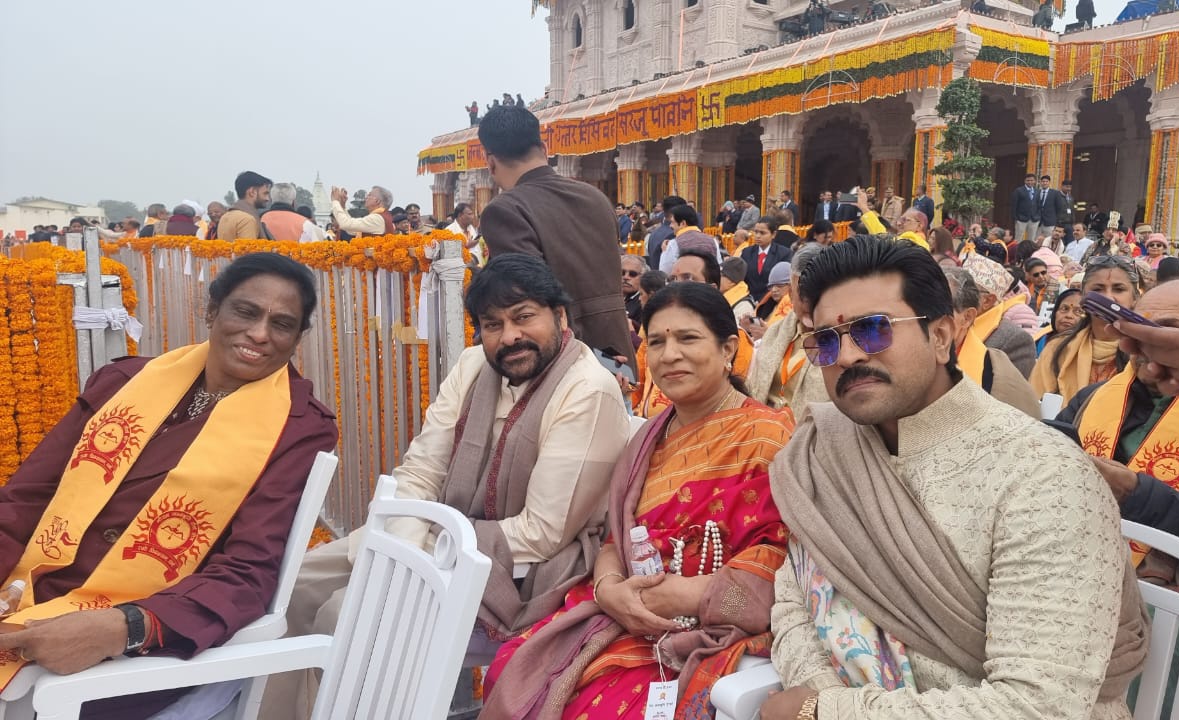 Happy to meet Supreme Hero Chiranjeevi <a href="/KChiruTweets/">Chiranjeevi Konidela</a> and Ram Charan at the Ayodhya Ram Pratishthan ceremony.