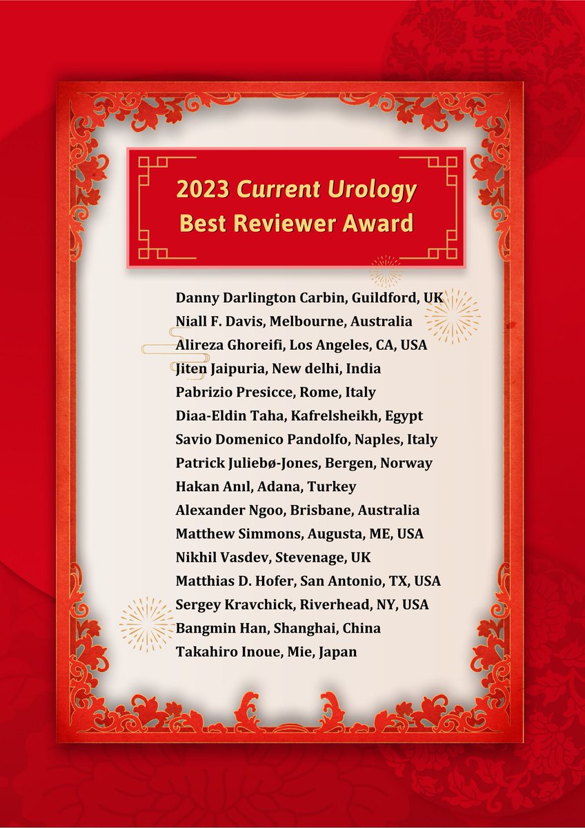 Current_Urology's tweet photo. #BestReviewer We are delighted to announce the 2023 #BestReviewerAward. Thank you all for your high-quality, comprehensive and timely reviews for #CurrentUrology!!! The #BestReviewers will receive one certificate soon!🌹🌹🌹 https://t.co/8Haihiu0LL
