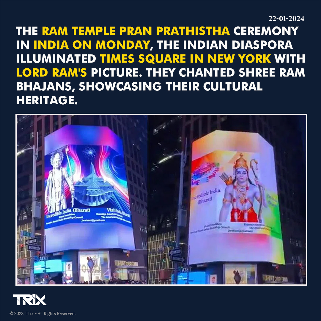 'Times Square Illuminated in Cultural Splendor: Indian Diaspora Celebrates Ram Temple Pran Prathistha'.

#TimesSquareCelebration #RamTemplePranPrathistha  #CulturalHeritage #LordRamCelebration #GlobalHarmony #ShreeRamBhajans #CulturalSplendor #GlobalCelebration #trixindia