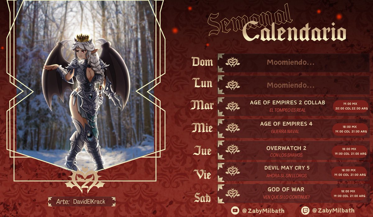 ZabyMilbath's tweet photo. 【CALENDARIO SEMANAL】
✧༺♛༻✧༺♛༻✧༺♛༻✧༺♛༻✧

Acompáñenme esta semana llena de juegos geniales y una collab con chicas geniales 😎❤️👑.

Solo por Twitch: 
🟣 https://t.co/jwmo4AfmrK

TAGS:  
♛Live: #Zabylive
♛FanArt: #Rulezaby
♛Memes: #Lactomemes
♛OshiMark: 🐮🦇 https://t.co/5Oac8qGgOM
