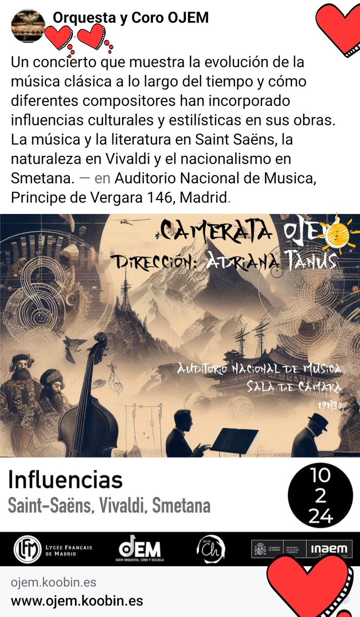 lClaudiaM's tweet photo. El sábado 10 de febrero a las 19:30h en el Auditorio Nacional de Música-Un gran concierto de la Camerata OJEM @orquestaojem.

¡¡Es una gran oportunidad!! ¡¡No te lo pierdas!!🥰🥰🥰

#Musica 
#Cultura 
#Madrid https://t.co/OoVqwYv9hU
