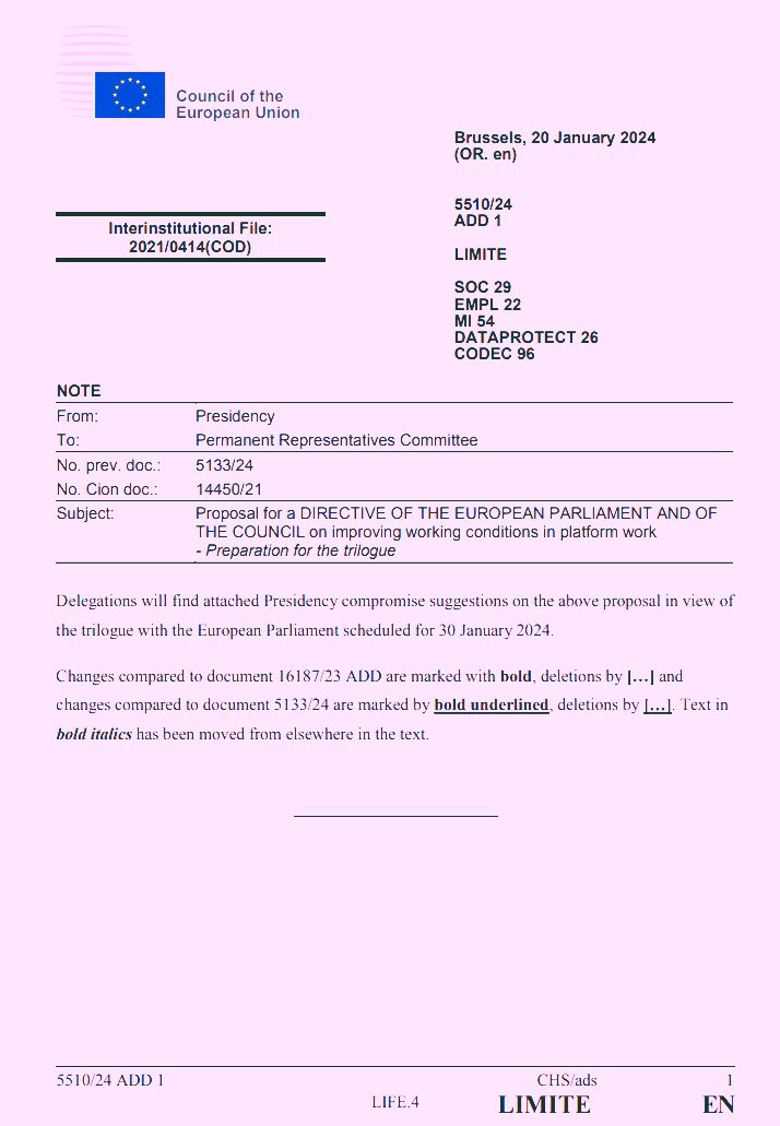 The PCY @EU2024BE [<a href="/PYDermagne/">Pierre-Yves Dermagne</a>] has droped a new text on #platformwork ahead of #CoreperI 24 Jan!

Their latest proposal: 

📌Narrower criteria

📌Lighter reporting

📌More flexibility

📌Significantly softer penalties

Will EP <a href="/gualminielisa/">Elisabetta Gualmini</a> buy it?

#SocialEurope #gig #EU2024BE