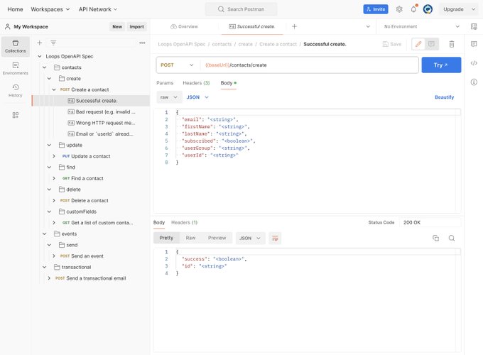 We now have OpenAPI support at @loops!  Here's our doc loaded into Postman. Pretty sweet  😎  More info:<a class="tags" target="_blank" title="On Twitter" href="/?out=eyJ0eXAiOiJKV1QiLCJhbGciOiJIUzUxMiJ9.eyJpYXQiOjE3MjE4NDczNzYsImlzcyI6InR3cG9ybnN0YXJzLmNvbSIsIm5iZiI6MTcyMTg0NzM3NiwiZXhwIjoxNzUzMzgzMzc2LCJyZWRpcmVjdF91cmwiOiJodHRwczovL3R3aXR0ZXIuY29tL2xvb3BzIn0.e0D71KcrVTOJE1mn0Il-9wek8h5NAhac4U7puWoGEJ8Jybz0BT2ut8-_SyD23275AJXACESUfdQqxj2Ft4vuAA">@loops</a>