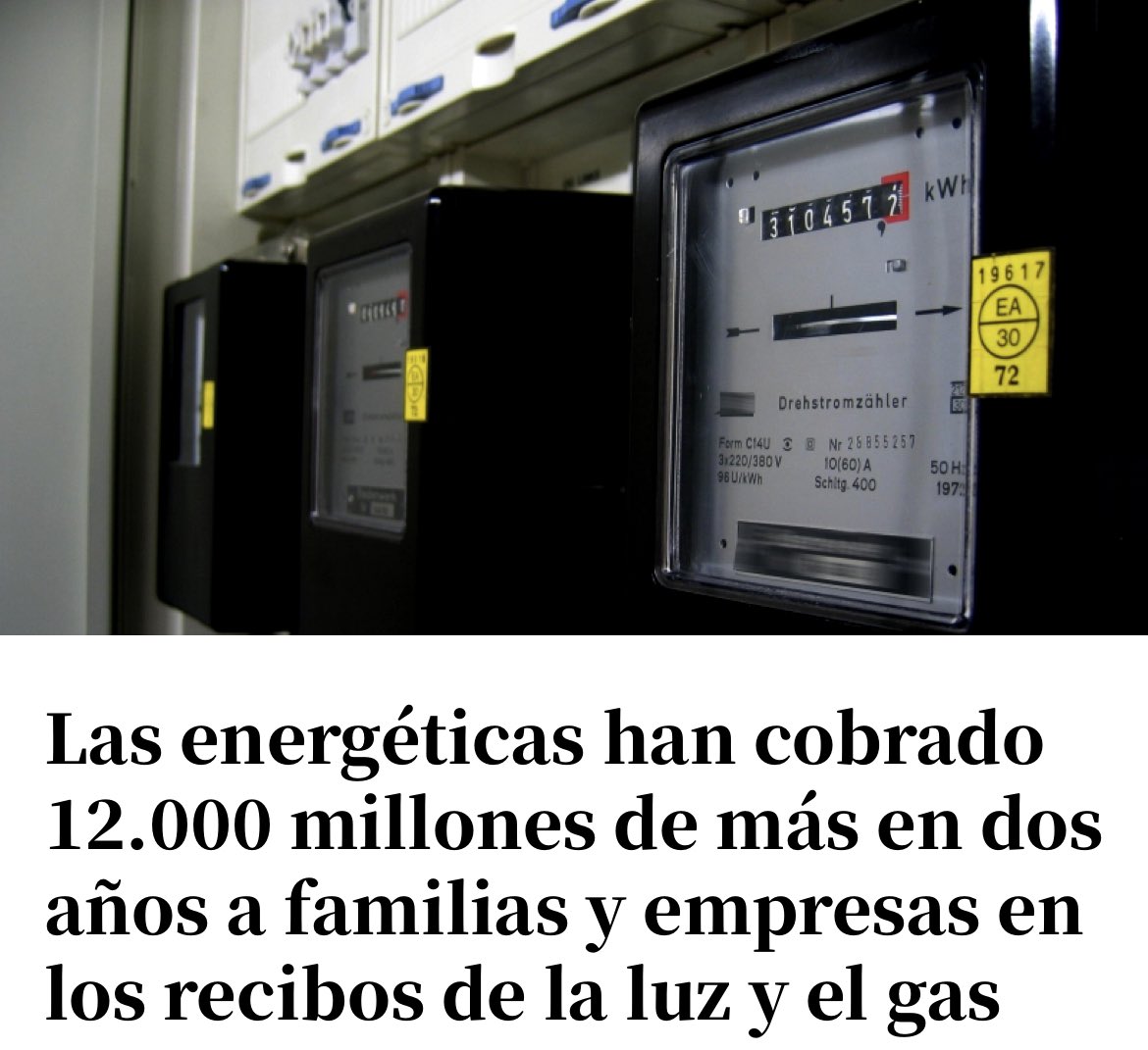 “Las energéticas han cobrado 12.000 millones de más en dos años a familias y empresas en los recibos de la luz y el gas. Las liquidaciones oficiales de los sectores eléctrico y gasista revelan un 'sablazo' multimillonario” publico.es/economia/energ…