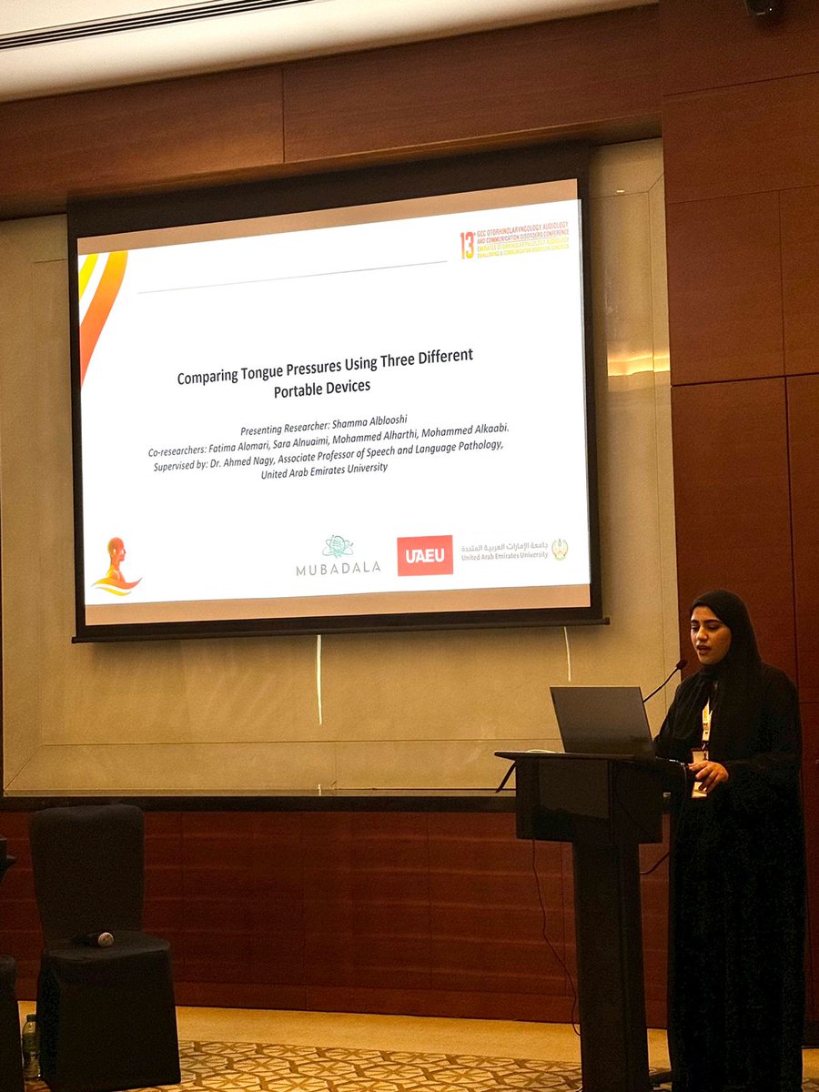 Congratulations to Ms. Shamma Alblooshi who presented @Eroc2024 on behalf of Dr Nagy's team of students Mohammed Alharthi, Mohammed Alkaabi, Fatima Alomari &amp; Sara Alnuaimi from #CMHS Speech-Language Pathology. This project was supported by CMHS <a href="/UAEU_NEWS/">جامعة الإمارات العربية المتحدة</a> &amp; <a href="/Mubadala/">Mubadala</a> joint grant.