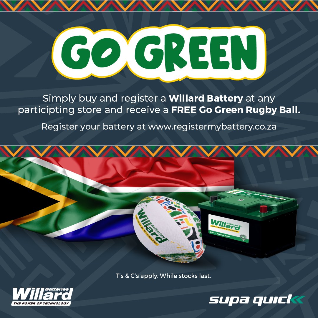 Join our ongoing celebration of the Springboks' triumphant victory from last year! Get a FREE rugby ball when you buy and register a Willard Battery at Supa Quick today! Hurry limited stock available! For more visit: bit.ly/ScorewithWilla… T&amp;Cs Apply #WillardBatteries