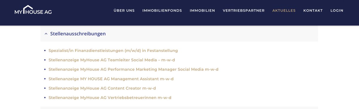 Auf my-house.de/aktuelles/#170… gibts die aktuellen #Stellenausschreibungen der MyHouse AG: u.a. Finanzdienstleister, Vertriebsbetreuer, #SocialMedia Experten &amp; Management Assistant (alles m/w/d) in #Hamburg.

#Jobs #Karriere #Stellenausschreibung #Finanzen #Immobilien #Investment
