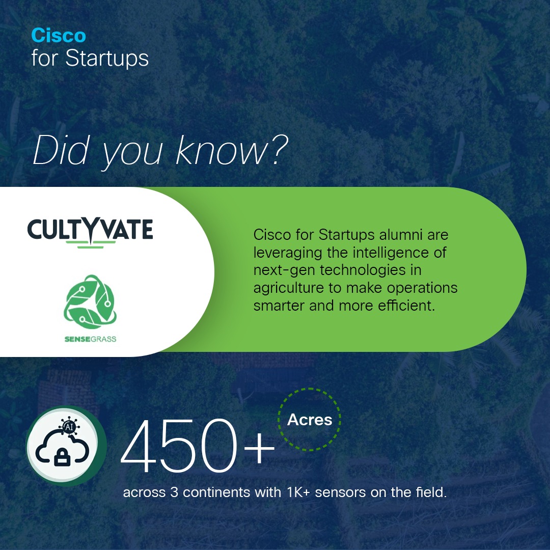 Cisco for Startups (@ciscostartups) on Twitter photo CultYvate and Sensegrass have deployed 1k+ sensors across 450+ acres worldwide, revolutionizing agriculture with cutting-edge technology. Proud to witness our alumni shaping the future of farming!
#CiscoForStartups #AgTechInnovation #SmartFarming CultYvate and Sensegrass have deployed 1k+ sensors across 450+ acres worldwide, revolutionizing agriculture with cutting-edge technology. Proud to witness our alumni shaping the future of farming!
#CiscoForStartups #AgTechInnovation #SmartFarming