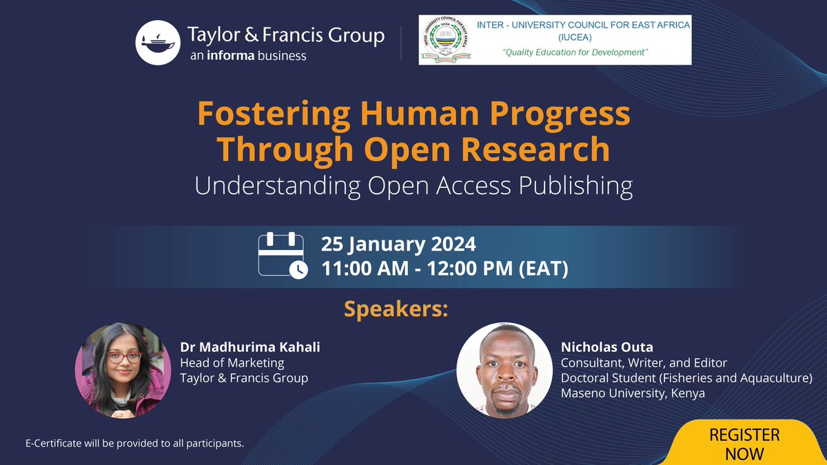 <a href="/iucea_info/">IUCEA</a> &amp;  <a href="/WeAreTandF/">Taylor & Francis</a> are jointly organizing a Webinar. Topic: Fostering human progress through Open Research: Understanding Open Access Publishing. Date: January 25th, 2024
Time: 11:00 am – 12:00 pm- EAT
Registration:Link: zoom.us/webinar/regist….
<a href="/nichouta/">The Outa</a> <a href="/madchau/">Madhurima Kahali</a>