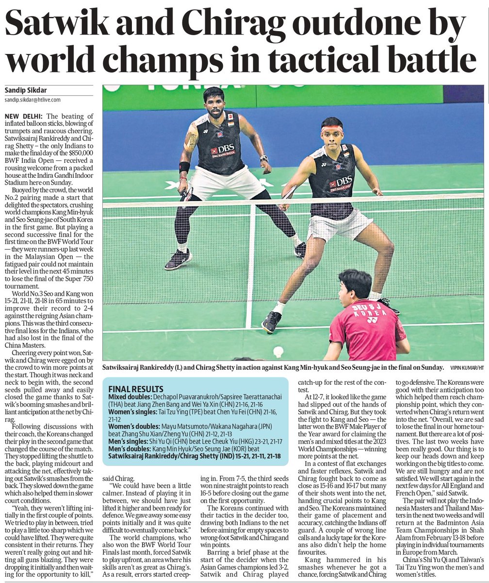 Satwik & Chirag fought hard but they couldn't replicate the success of 2022 when they won the #IndiaOpen. However, the Indian duo will reclaim the world No.1 ranking on Tuesday #IndiaOpen2024 #badminton 

✍️ hindustantimes.com/sports/badmint…