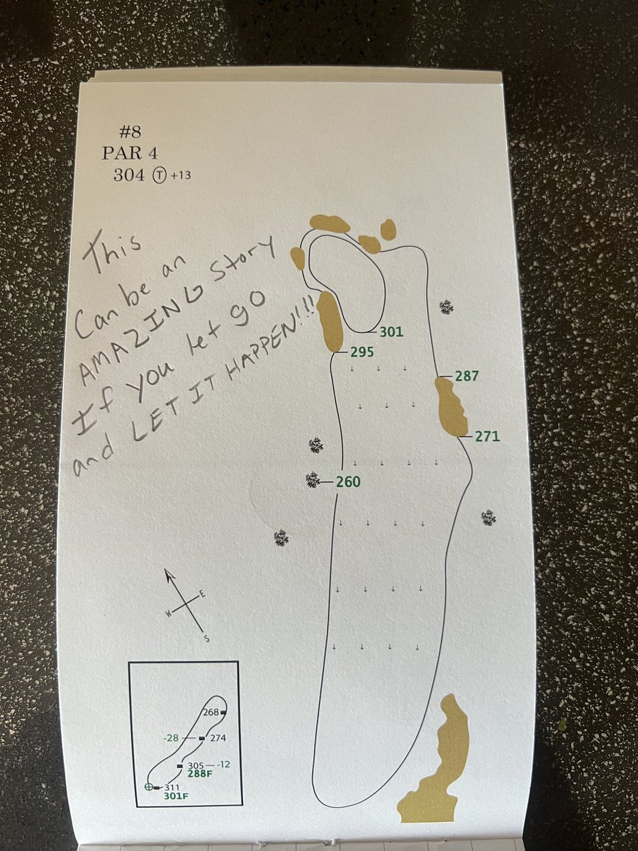 flushingitgolf's tweet photo. At last years US Am, Nick Dunlap was struggling at 5 over after 7, when his caddy wrote this in his yardage book:

 "This can be an AMAZING story if you let go and LET IT HAPPEN!!!"

He then became the 2nd player ever alongside Tiger to win the US Am and US Jr. Then a few months later, made history by being the first amateur to win on the PGA Tour since 1991. 

AMAZING story 🙌

📸 @BrentleyGC @NickDunlap62