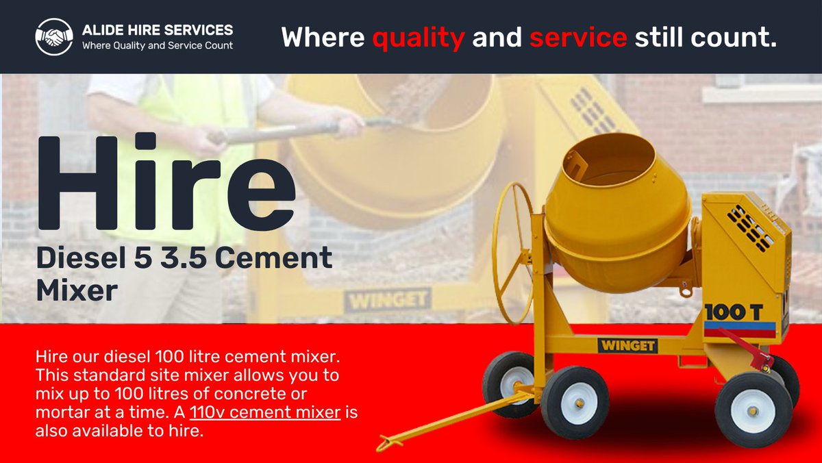 Mix concrete or mortar easily with our 100-litre diesel mixer. Perfect for large volumes & robust construction tasks. Also available: 110v mixer.

👷‍♂️ High Capacity
🔄 Durable
🛠️ Versatile

Great rates for all project durations!

#ConstructionGear #AlideHire #EfficientMixing 🚧🔧