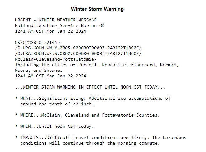 Jasamsdestiny's tweet photo. #Oklahoma 
#WinterStorm Warning in effect till noon Monday for #McClain #Cleveland #Pottawatomie Counties in #OK.      Significant icing of 1/10th of an inch expected.     

For road conditions:  📱 1-844-465-4997 or go to https://t.co/CMQ7Fxh2uI.        

#okwx #icing #icestorm https://t.co/q7dXhmeZAx