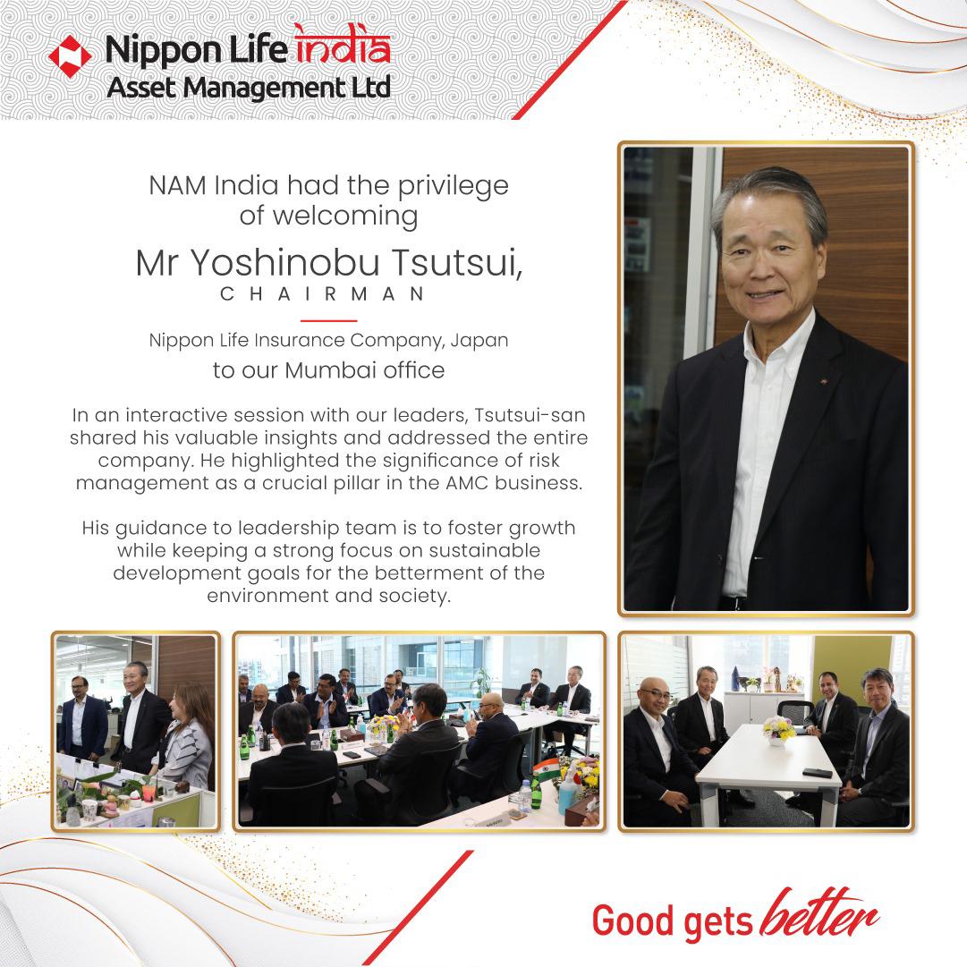 NipponIndiaMF's tweet photo. Mr. Yoshinobu Tsutsui, Chairman of Nippon Life Insurance Co, recent visit to India.

#YoshinobuTsutsui #LeadershipExchange #SharedVisions #NAMIndia #GoodGetsBetter https://t.co/Hw7N24dnH3