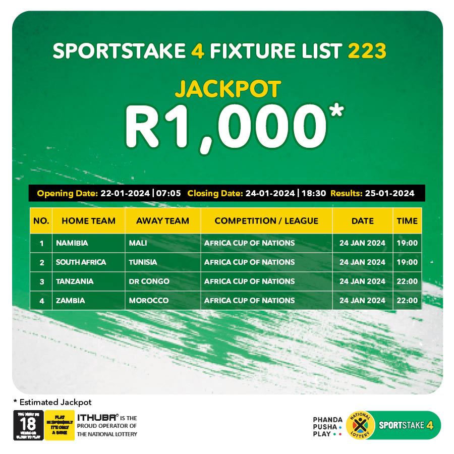 Here are the #SPORTSTAKE4 #FixtureResults, #Dividends for list 222 & #Fixturelist 223 with an estimated Jackpot of R1,000. Congratulations to the winner of R1,000. You are #InjaYeGame. Winnings under R50,000 are deposited straight in to your account.