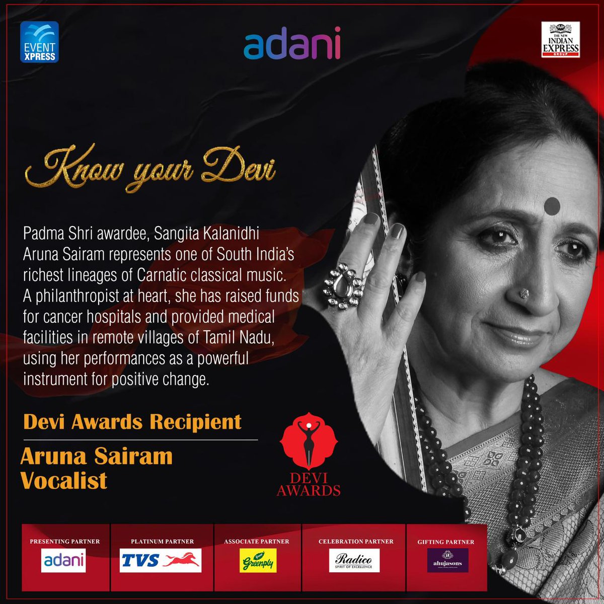 #KnowYourDevi: Aruna Sairam, Vocalist.    

@Eventxpress @PrabhuChawla @AdaniOnline @indulgexpress #DeviAwards #DeviAwardsChennai #DeviChennai #DeviChennai2024 #celebratingwomen #morepowertowomen #womenexcellence #empoweredwomen