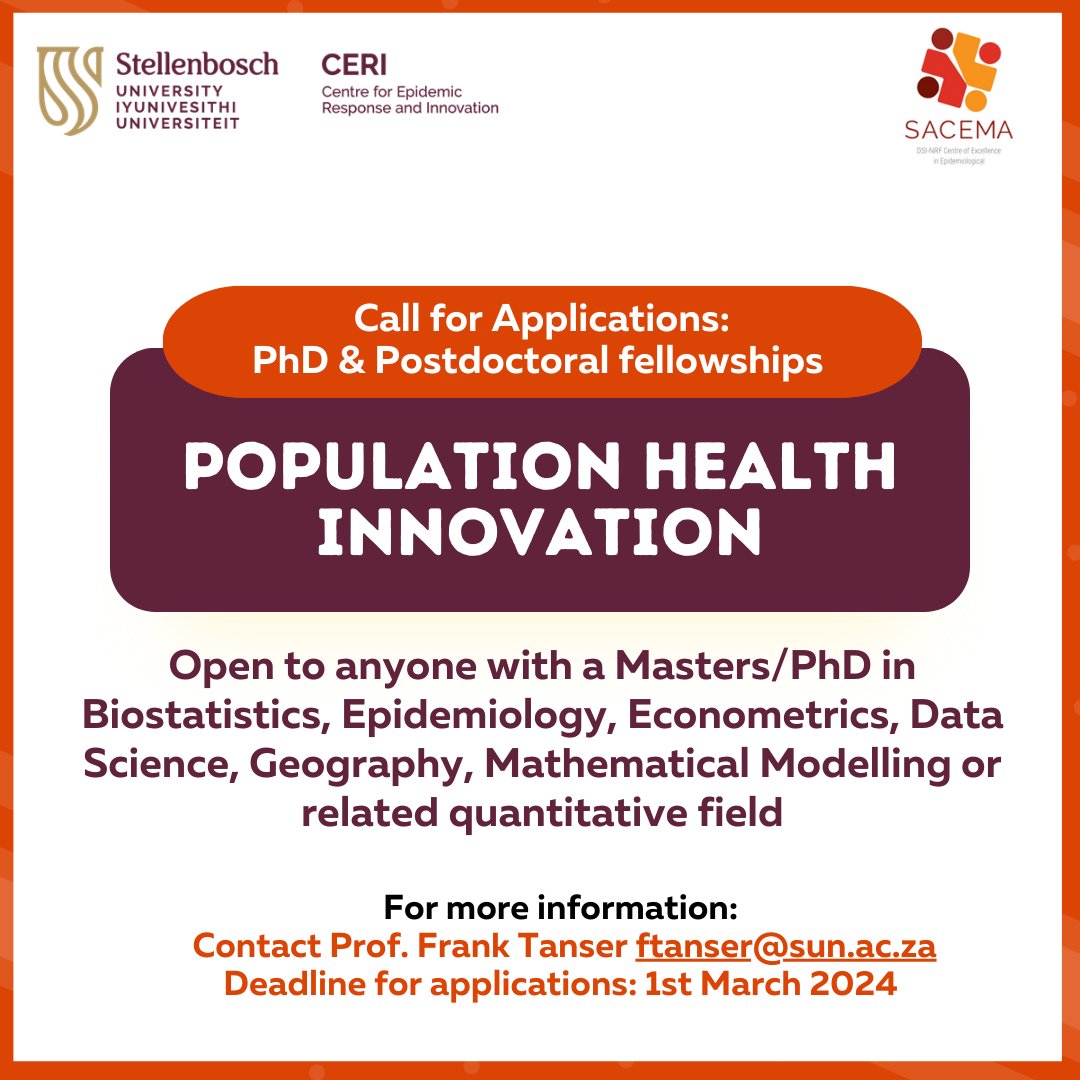 Join Us! We are seeking statisticians, epidemiologists, geographers, bioinformaticians, econometricians, data scientists, and mathematical modelers for #Postdoc &amp; PhD Fellowships at CERI. Explore Population Health Innovation with Prof. <a href="/ftanser/">Frank Tanser</a>. Apply now: shorturl.at/duADG