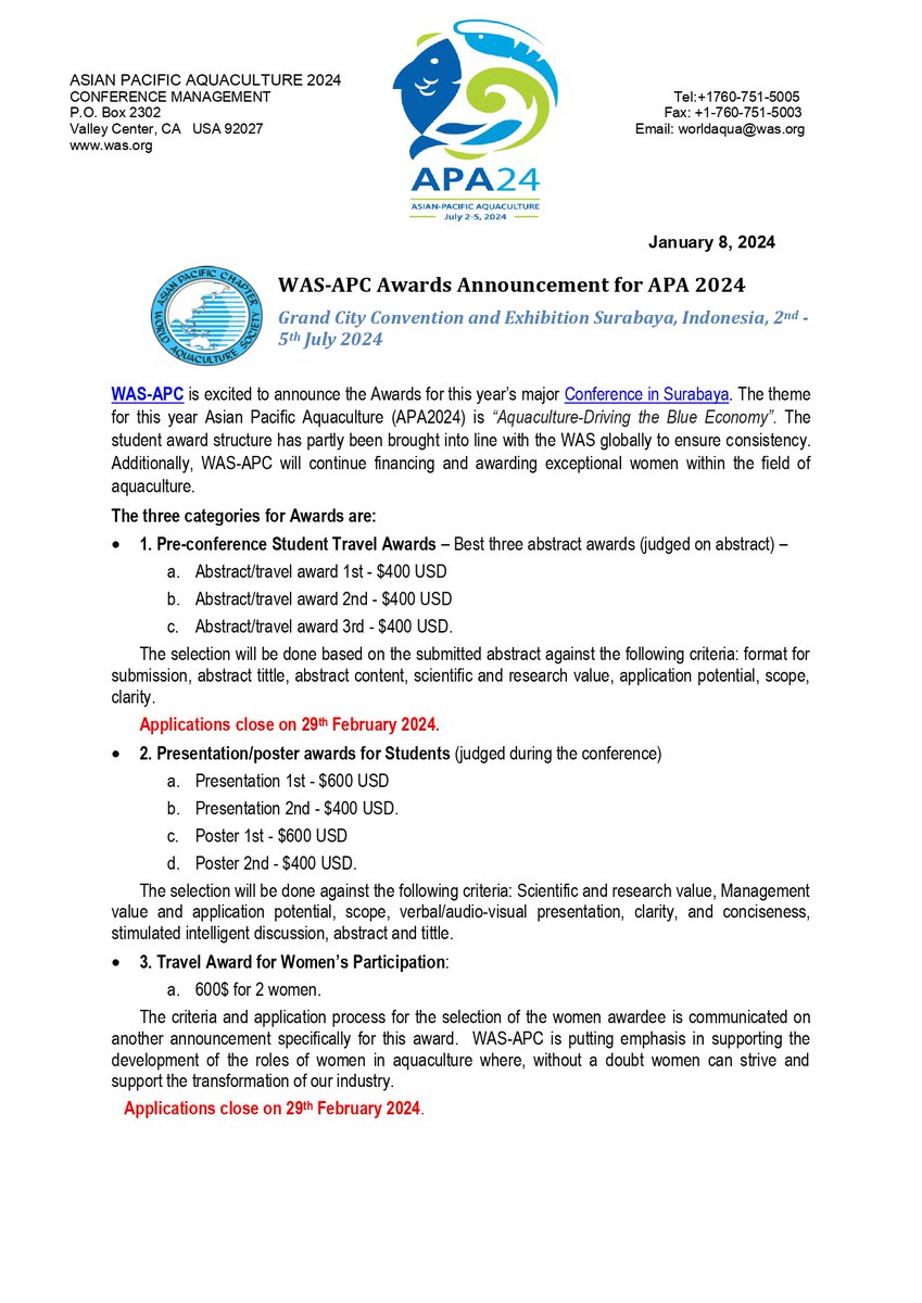 WASAPC's tweet image. WAS-APCis excited to announce the Awards for this year’s major Conference in Surabaya. Any general enquiries and questions about the Student Awards contact to Dr. Bibha Kumari, email: bibhak136@gmail.com and  Fanny Yasumaru at fyasumaru@gmail.com. Application close on February 28
