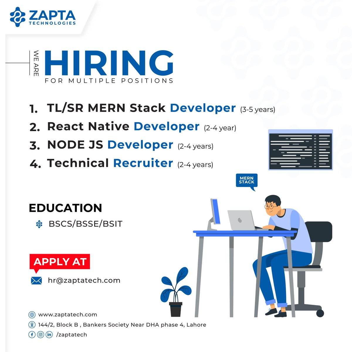 zaptatech's tweet photo. ZAPTA Technologies is hiring for

▪ 𝐓𝐋/𝐒𝐑 𝐌𝐄𝐑𝐍 𝐒𝐭𝐚𝐜𝐤 𝐃𝐞𝐯𝐞𝐥𝐨𝐩𝐞𝐫 
▪ 𝐑𝐞𝐚𝐜𝐭 𝐍𝐚𝐭𝐢𝐯𝐞 𝐃𝐞𝐯𝐞𝐥𝐨𝐩𝐞𝐫 
▪ 𝐍𝐨𝐝𝐞 𝐉𝐒 𝐃𝐞𝐯𝐞𝐥𝐨𝐩𝐞𝐫
▪ 𝐓𝐞𝐜𝐡𝐧𝐢𝐜𝐚𝐥 𝐑𝐞𝐜𝐫𝐮𝐢𝐭𝐞𝐫 

Share your resumes at hr@zaptatech.com

#jobhiring #hiringnow https://t.co/sZzVkRLaOZ