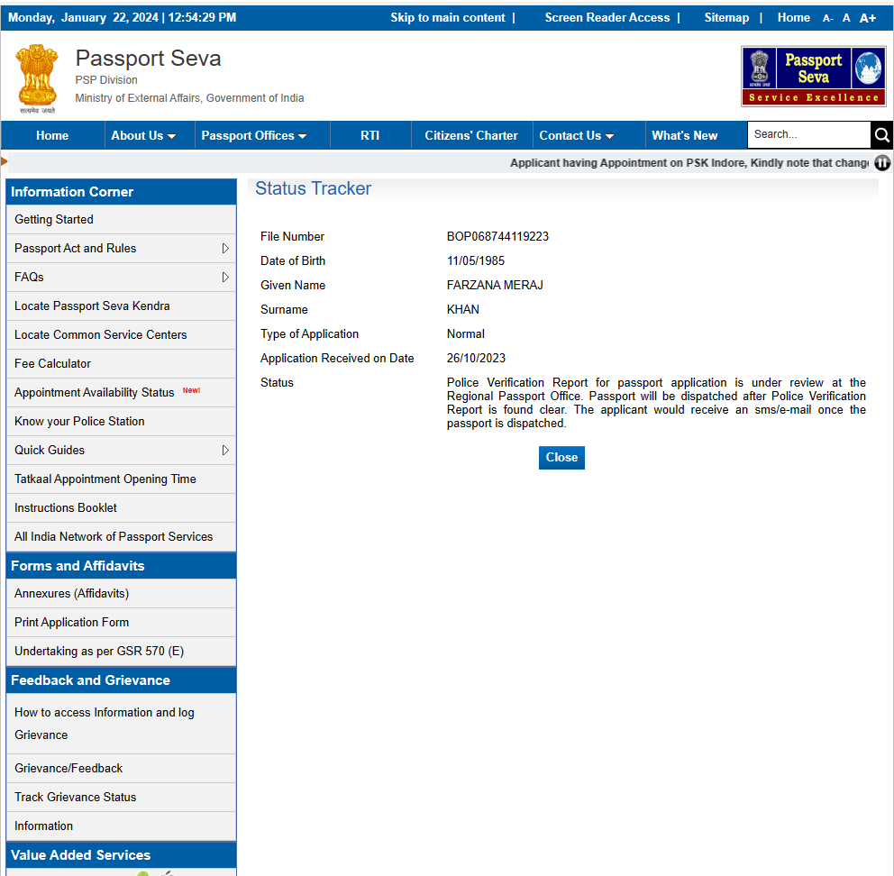 Maroofkhan01's tweet photo. Dear @passportsevamea I've applied passport for my sister Farzana Meraj Khan dated 26-10-2023 and also police verification report was submitted successfully to the Passport office. But besides that 3 months have passed and we haven't received her Passport. Plz, look into this. https://t.co/MDpZDyF6rz