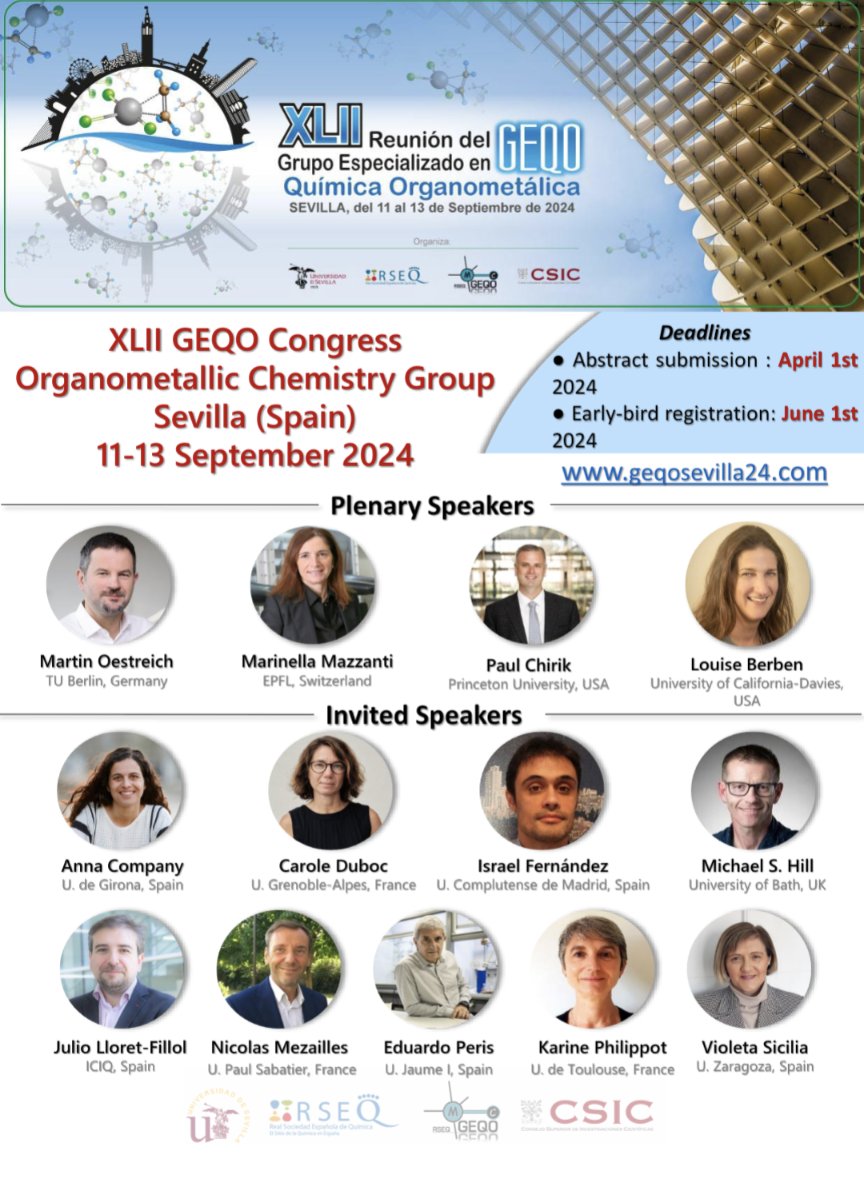 Hi there! 👇Check our LINE UP👇
And our super duper cool Logo🤩. So much history in one single molecule! Seville and organometallic chemistry united. Learn more about it in our web: 
geqosevilla24.com
<a href="/geqo_rseq/">GEQO RSEQ</a> <a href="/RSEQUIMICA/">RSEQ</a> <a href="/ChemEurope/">Chemistry Europe</a> #organometallics #RealTimeChem