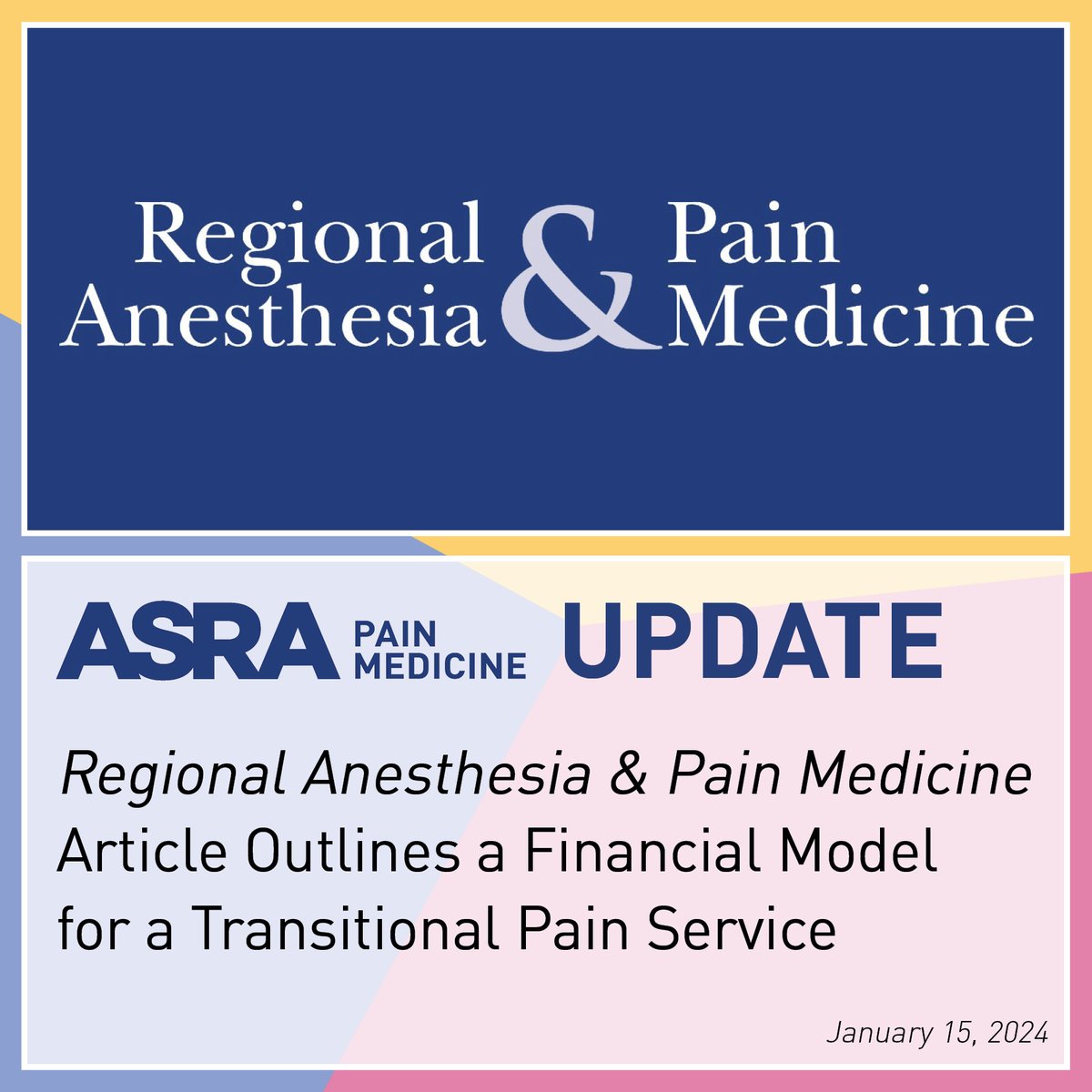 ASRA Pain Medicine (@asra_society) on Twitter photo A recent article published in <a href="/RAPMOnline/">Regional Anesthesia & Pain Medicine</a> outlined a financial model for a transitional pain service (TPS). "Finding ways to operationalize a TPS is essential," says Dr. Steven Cohen. "The authors provide a framework by which a TPS can break even." 🔗 ow.ly/ALnI50QsXN0 A recent article published in <a href="/RAPMOnline/">Regional Anesthesia & Pain Medicine</a> outlined a financial model for a transitional pain service (TPS). "Finding ways to operationalize a TPS is essential," says Dr. Steven Cohen. "The authors provide a framework by which a TPS can break even." 🔗 ow.ly/ALnI50QsXN0