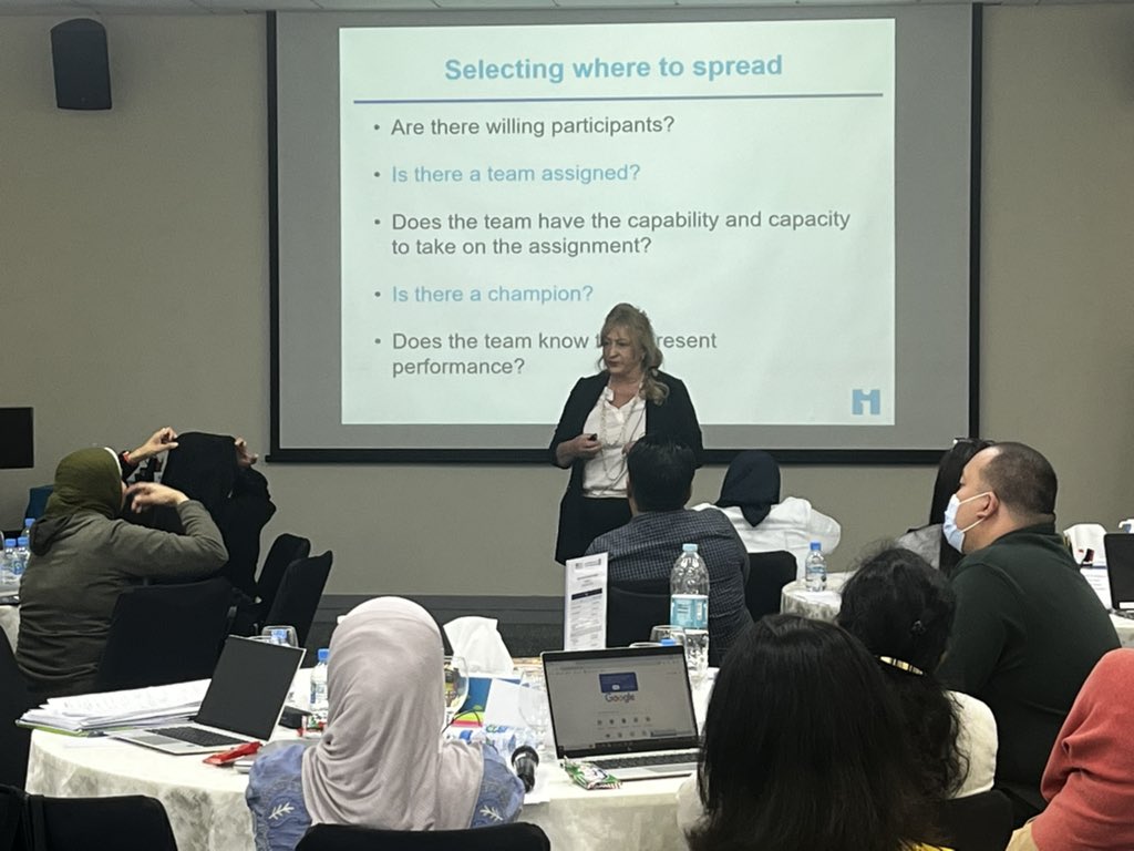 Here in Doha at Hamad Medical Corp with Maryanne Gilles and my colleagues from HHQI teaching workshop 3 of the Improvement Specialist Prog. Maryanne is covering the principles of implementation, scale-up and spread. Great group celebrating 10 yr of work here in Qatar!