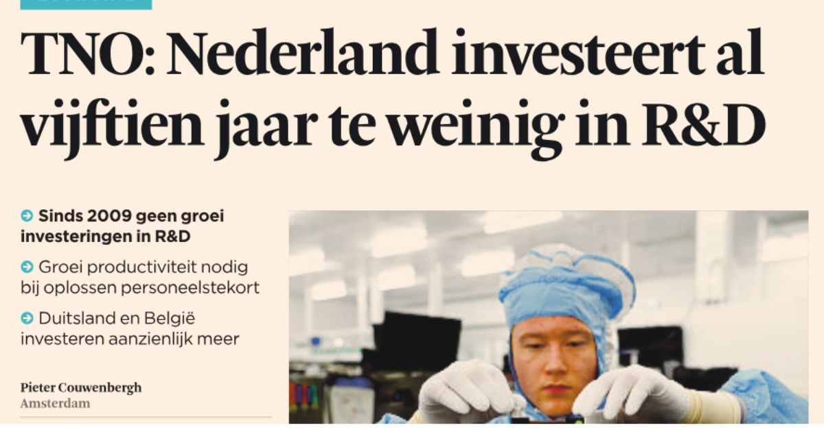 Loopt het toekomstig #verdienvermogen van Nederland een risico? Uit onze #analyse blijkt dat Nederland met 2,3% van het #bbp aan R&amp;D-uitgaven, achterloopt op zowel onze buurlanden, als de EU-streefwaarde van 3%. Benieuwd? Lees meer in onze analyse &gt; tno.to/wjq