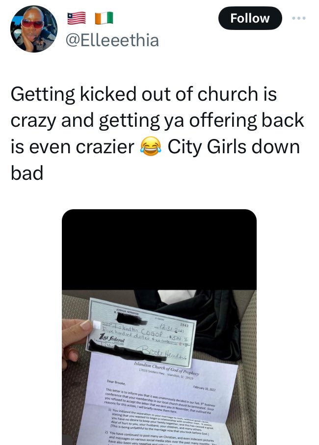 yabaleftonline's tweet image. Lady reveals why her church terminated her membership and returned her offering