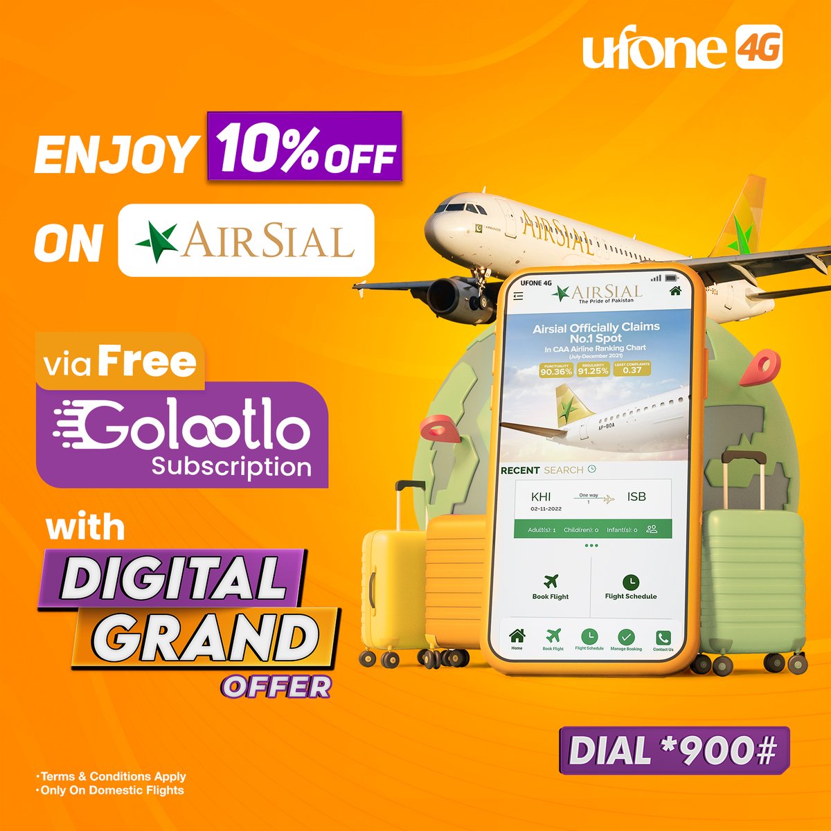 Ufone's tweet photo. With "Digital Grand Offer", get ready to avail an exciting flat 10% discount on tickets from "AirSial" via free Golootlo subscriptions. ✈️🥳

Subscribe the offer from My Ufone App and avail 10% cashback: https://t.co/M1J7My7SDy

#Ufone4G #DigitalGrandOffer #Golootlo #AirSial https://t.co/i4N5xvCWtH