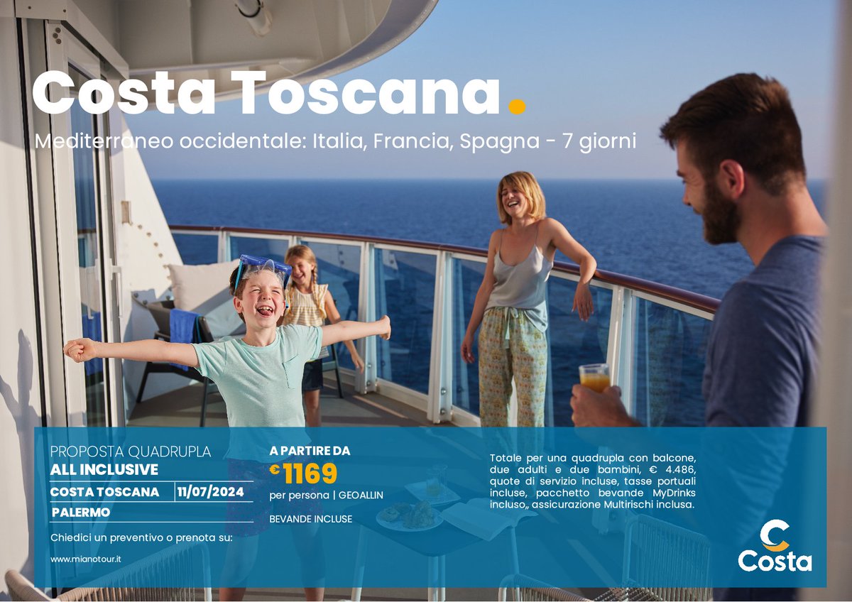 mianotour's tweet photo. Prenota ora una crociera su Costa Toscana con partenza da Palermo il 11/07/2024. Tariffe all inclusive a partire da € 1.169

#CrocieraMediterraneo #EsploraIlMediterraneo #ViaggioInCrociera #ScopriFrancia #AvventuraSpagnola #ItaliaInCrociera https://t.co/1AViXpJQfH