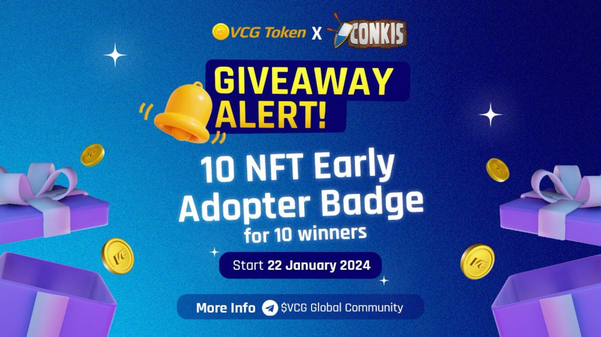 GIVEAWAY ALERT!👣 @VCGamers_io x @conkisgame 🚀 Get rewarded for partnership celebration👋 🎁 Reward : 10 NFT Earrly Adopter Badge for 10 Winners 📆 Giveaway End : Feb 2 To enter : - Complete task : s.giveaway.com/xxvtir - Likes, RT, Comment Goodluck!
