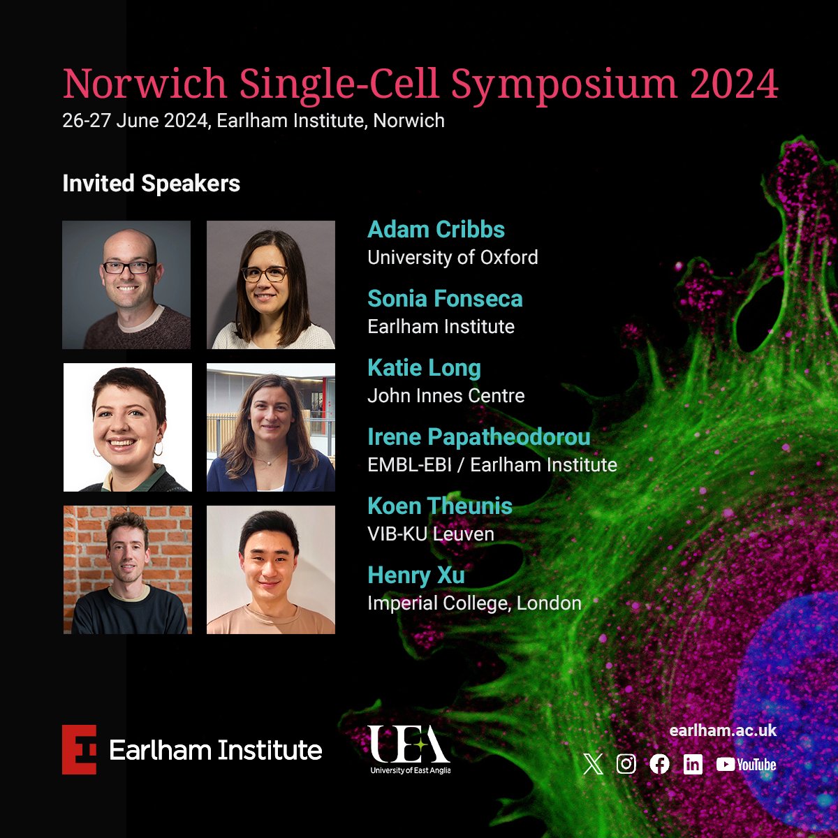 📣 We're thrilled to announce our line up of invited speakers for the Norwich #SingleCell Symposium!

👥 <a href="/AdamCribbs/">Adam Cribbs</a>, <a href="/fonseca_son/">Sonia Fonseca</a>, <a href="/KatieA_Long/">Katie Long</a>, <a href="/irenepapatheodo/">Irene Papatheodorou - Ειρήνη Παπαθεοδώρου</a>, <a href="/k_theun/">Koen Theunis</a>, and Henry Xu (<a href="/imperialcollege/">Imperial College London</a>).

✅ Register today! okt.to/2LdZiq 

#EISingleCell24 @biouea