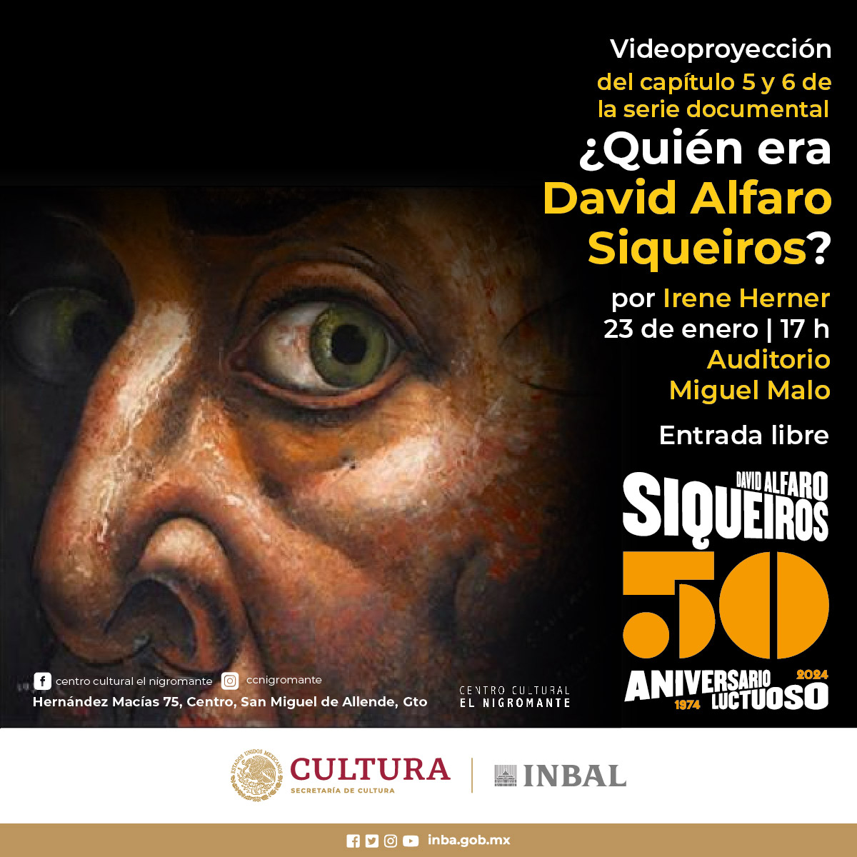 bellasartesinba's tweet photo. Mañana 23 de enero te esperamos en el Centro Cultural “El Nigromante” del #INBAL, para que disfrutes de la proyección de los capítulos 5 y 6 de la serie documental "Quién era David Alfaro Siqueiros", producida por las doctoras Irene Herner y Mónica Ruiz. #50AñosSinSiqueiros https://t.co/Xfbrma5yqK