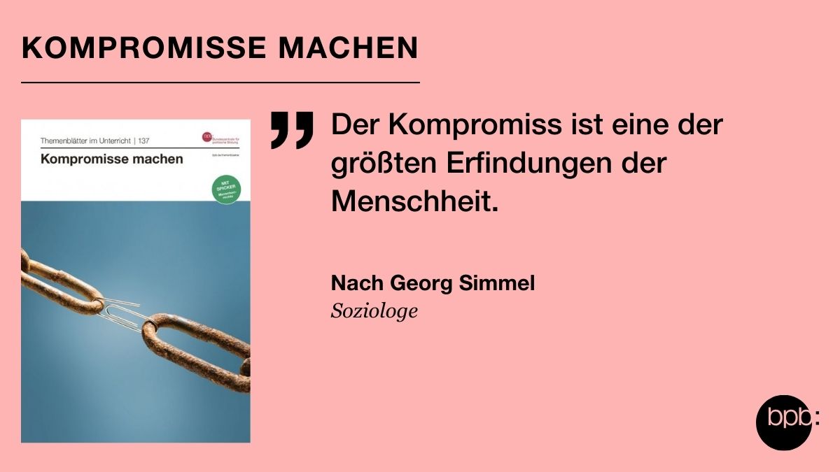 Ohne #Kompromiss|e funktioniert das Zusammenleben in einer #Demokratie nicht. Wie gelingt es, gute Kompromisse zu machen und was sollte man besser vermeiden? Unsere Themenblätter für den #Unterricht inklusive methodische Hinweise gibt es kostenlos unter: bpb.de/543946