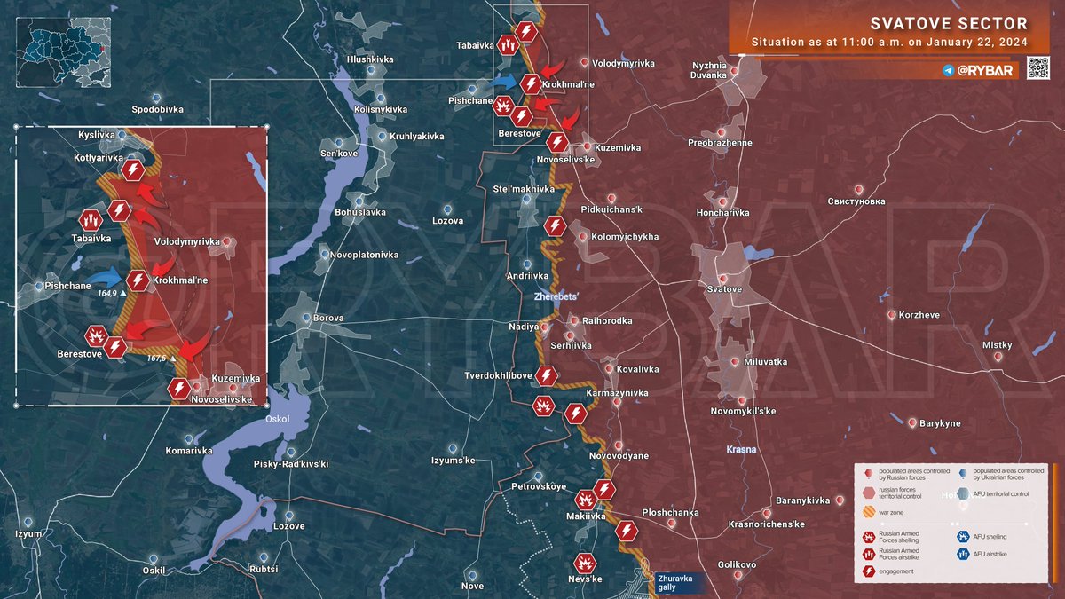 🇷🇺🇺🇦 Svatove sector
Situation as of 11 am on January 22, 2024

In the Svatove sector, Russian forces continue to build on their success. The assault units of the Russian Armed Forces extended the zone of control to the north, approaching Kotlyarivka and Kyslivka from the south.…