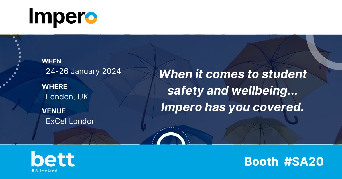 ImperoSoftware's tweet image. The event of the year starts tomorrow! We look forward to seeing you all at @bett_show 2024. Come visit us at booth #SA20 to learn more about our umbrella of student safety and wellbeing products. Let us know in the comments if we’ll see you there. 

#BETT #BETT2024 #EdTech