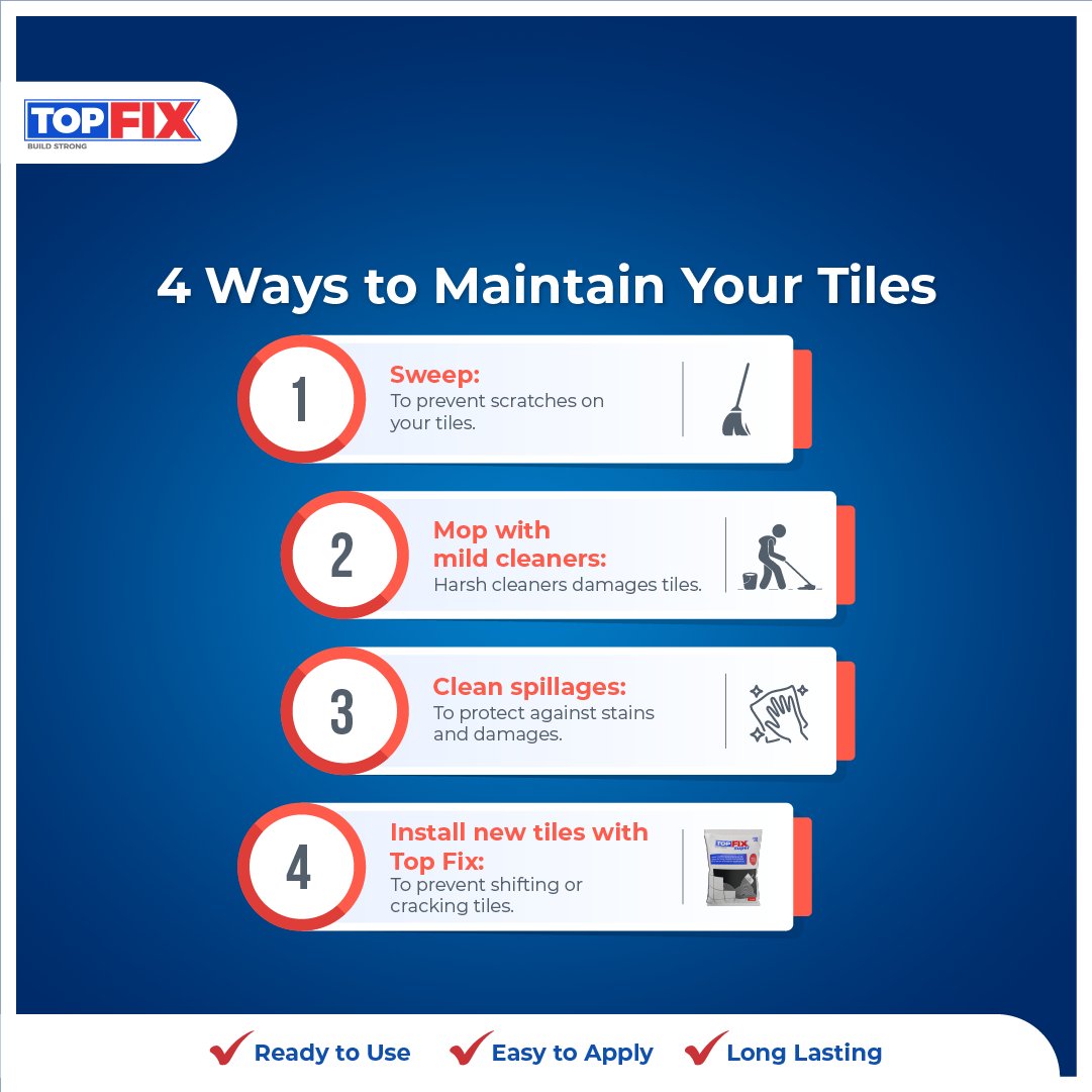 topshieldtopfix's tweet photo. Do you know that maintaining is way cheaper than repairing? Save more money this year by paying attention to your tiles.
.
.
#TopFix #TileAdhesive #Purechem https://t.co/bO7C8YLBFH