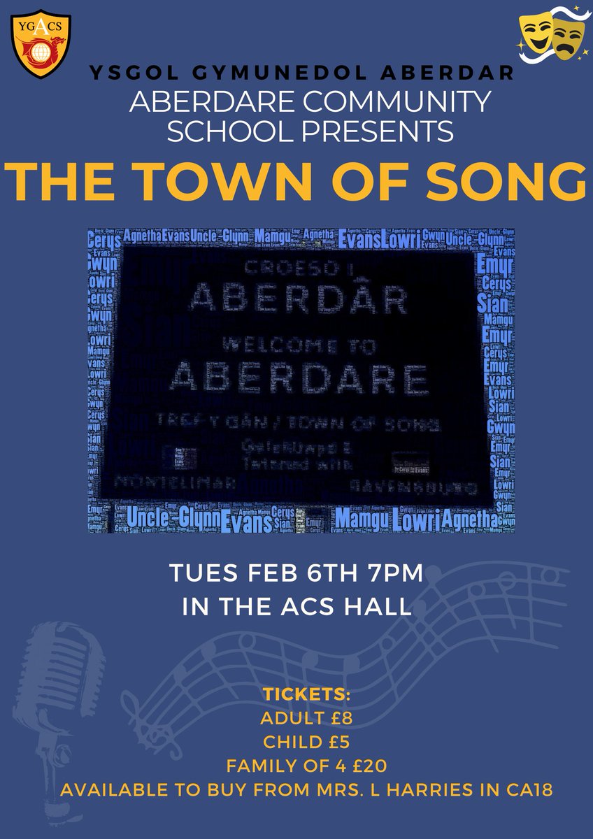 AberdareSchool's tweet photo. YGACS Drama and Music Department wish to invite you to join us for our original production, 
'The Town of Song' - a musical showcase all about a family in Aberdare! https://t.co/eZV9SWifOJ