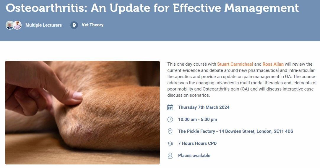 RossAllanVet's tweet photo. 🐕 🦴 OA management is changing. Over 10% of dogs develop OA, so keep up to date on diagnosis, insights and management strategies. Check out @CentralCPD for nurse and vet OA days 7/8th March #teamvet #veterinary #veterinarynurse  https://t.co/rDuTWH3FFl https://t.co/kJVaUzvmCR