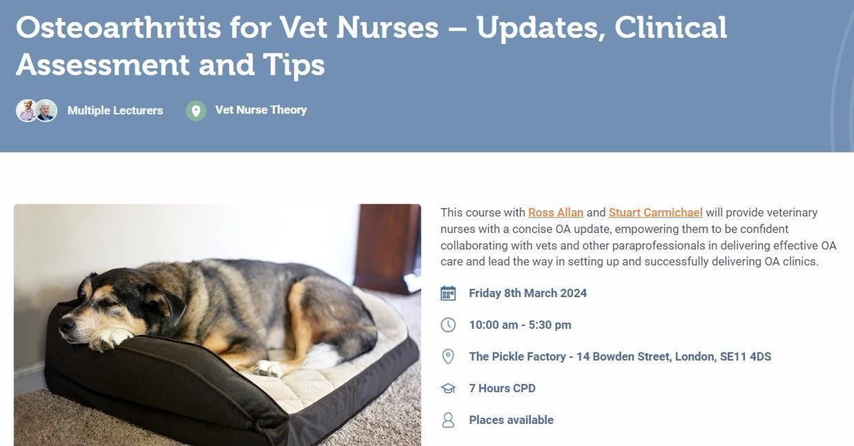 RossAllanVet's tweet photo. 🐕 🦴 OA management is changing. Over 10% of dogs develop OA, so keep up to date on diagnosis, insights and management strategies. Check out @CentralCPD for nurse and vet OA days 7/8th March #teamvet #veterinary #veterinarynurse  https://t.co/rDuTWH3FFl https://t.co/kJVaUzvmCR