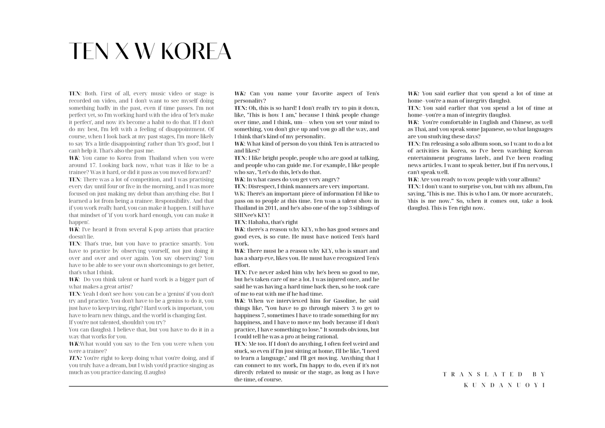 kundanuoyi's tweet photo. #TEN x W KOREA interview (Korean to English translation)

*Please note that no part of this interview has been left out, and I have carefully translated it all. If there are any issues let me know through DM. https://t.co/CjyYDaN1J0