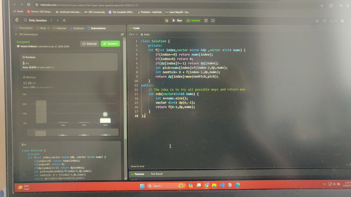 who_dante_'s tweet image. #Day21 of #30DaysCoding Done ✅
Basic 1D Dp problem of picking and non picking solved with Memoisation