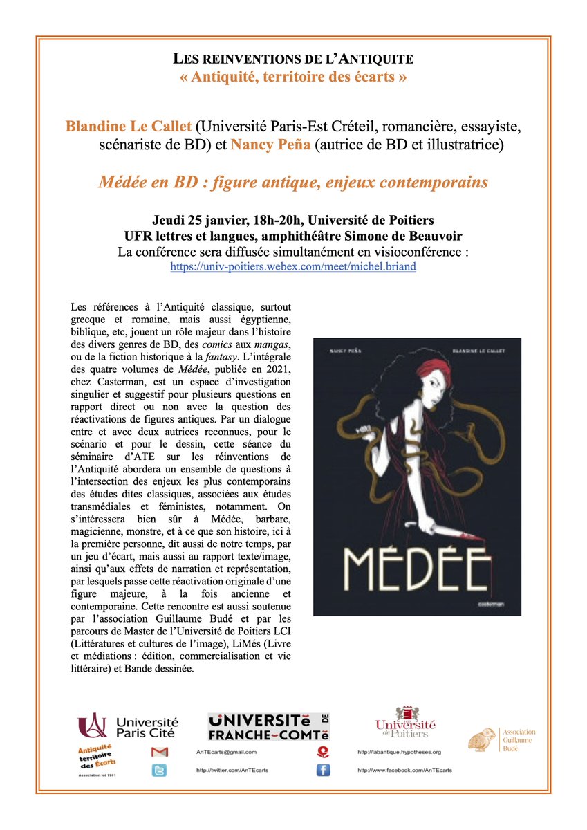 Rendez-vous ce jeudi 25 janvier pour rencontrer Blandine Le Callet et Nancy Peña, autrices de la série BD "Médée". Cette rencontre aura lieu à l'UFR lettres et langues, amphi Beauvoir, à 18h00.