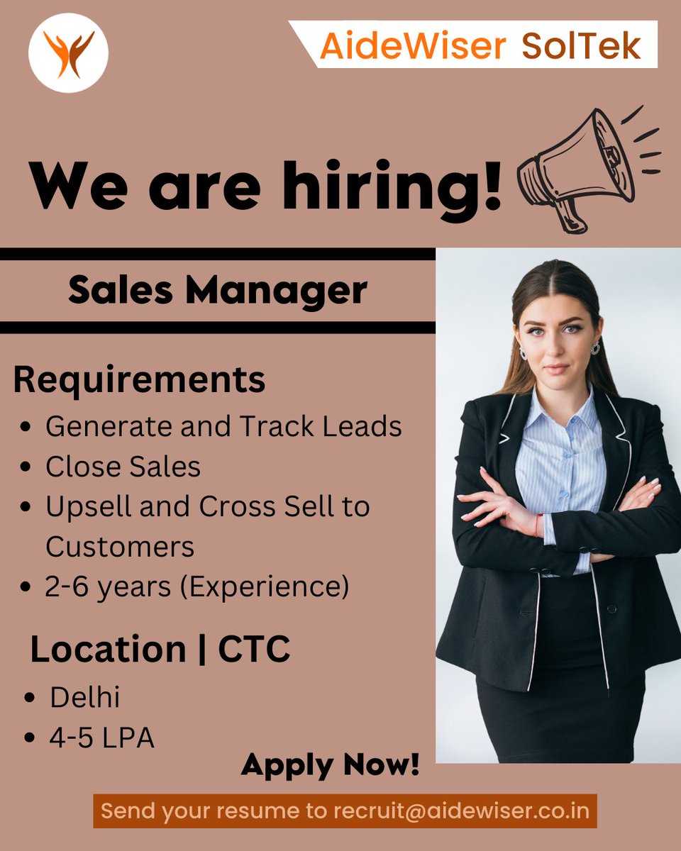 Sales Manager needed!

#Recruitmentmatlabaidewiser

Send your resume to recruit@aidewiser.co.in

#Aidewiser #recruitment #hiring #job #sales #salesmanager #salesjobs #jobsearch #jobhunt #lead #leadgeneration #clientsuccess #businessdevelopment #manager #delhi #delhijobs